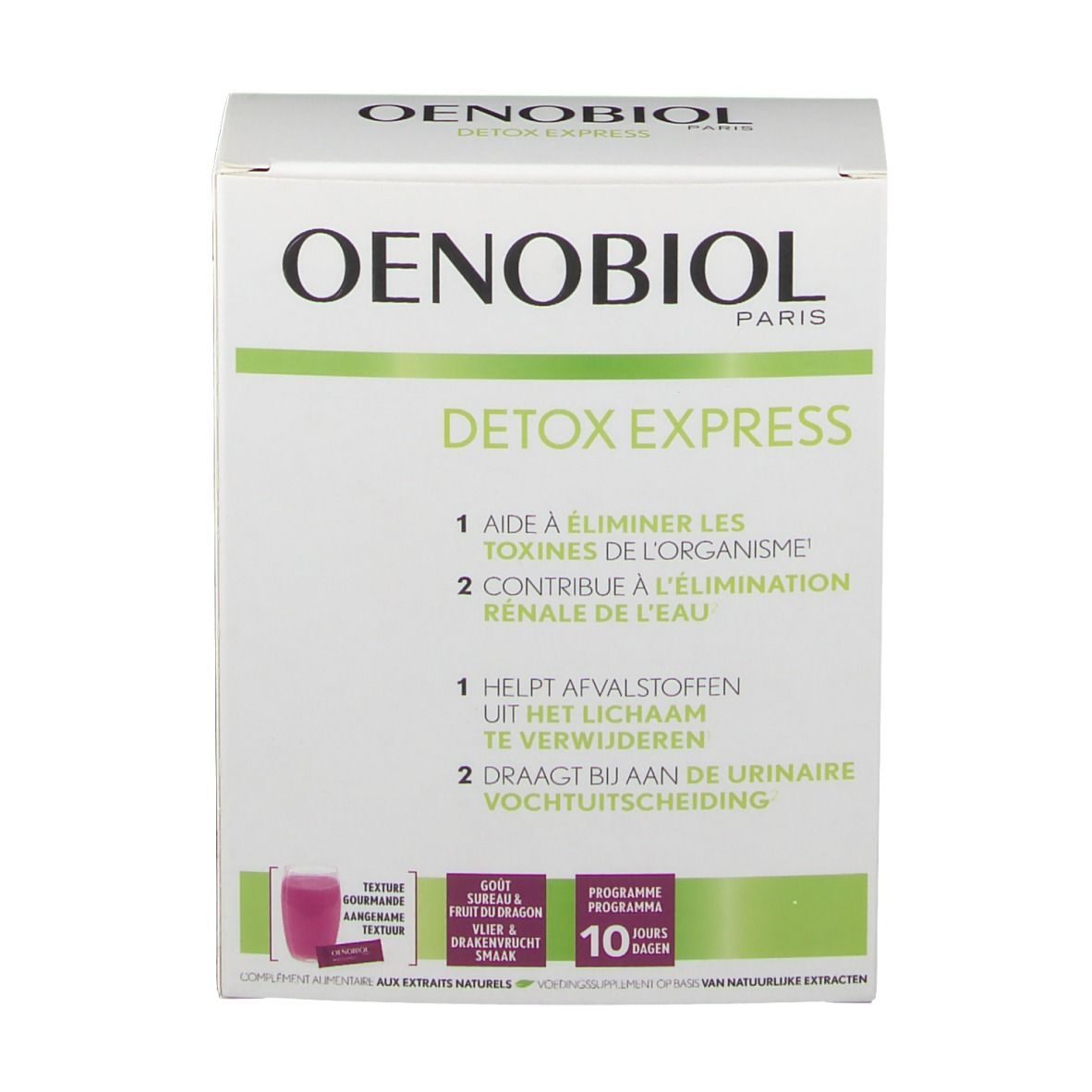Confezione Oenobiol Detox Express. Scatola bianca con dettagli verdi. Testo: Detox Express, programma 10 giorni. Immagine di una bustina.