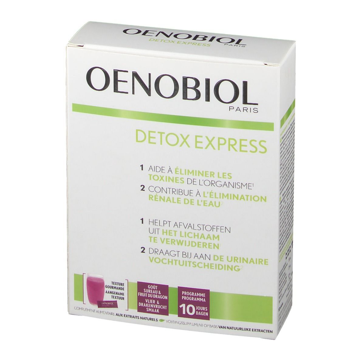 Confezione Oenobiol Detox Express. Scatola bianca con dettagli verdi. Testo: Detox Express, programma 10 giorni. Immagine di una bustina.