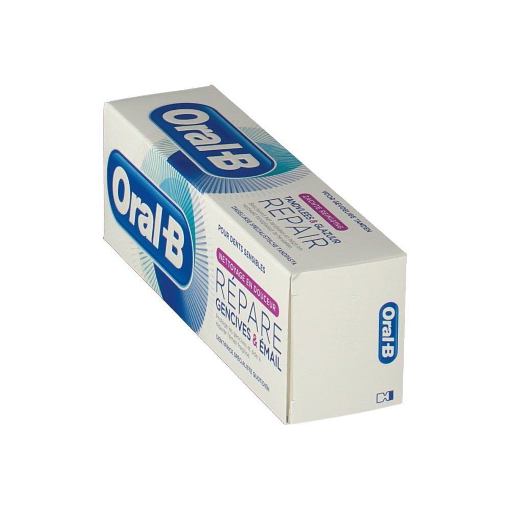 Confezione di dentifricio. Bianca, con logo e testo blu. "Tandvlees & Glazuur Repair" e "Oral-B" visibili.