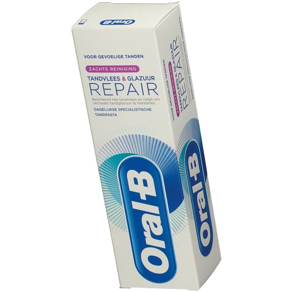 Confezione di dentifricio. Bianca, con logo e testo blu. "Tandvlees & Glazuur Repair" e "Oral-B" visibili.