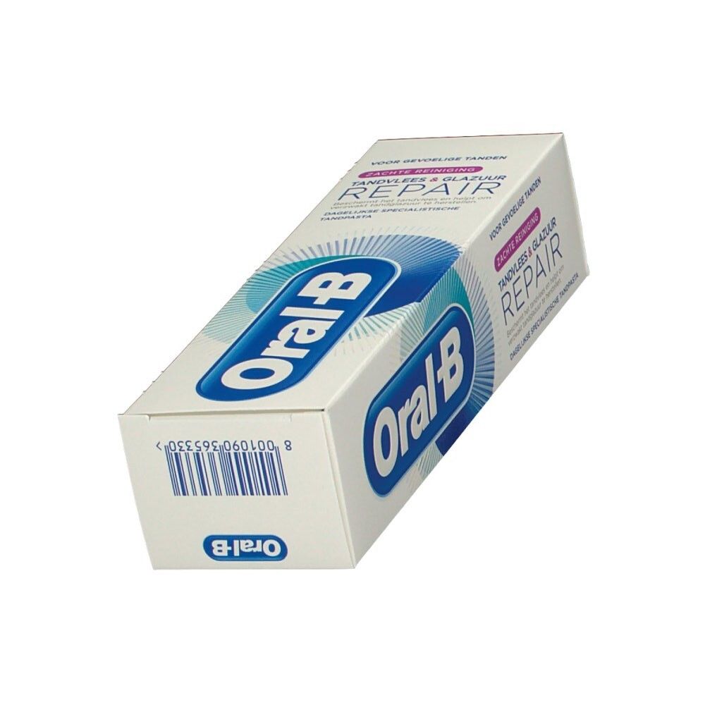 Confezione di dentifricio. Bianca, con logo e testo blu. "Tandvlees & Glazuur Repair" e "Oral-B" visibili.