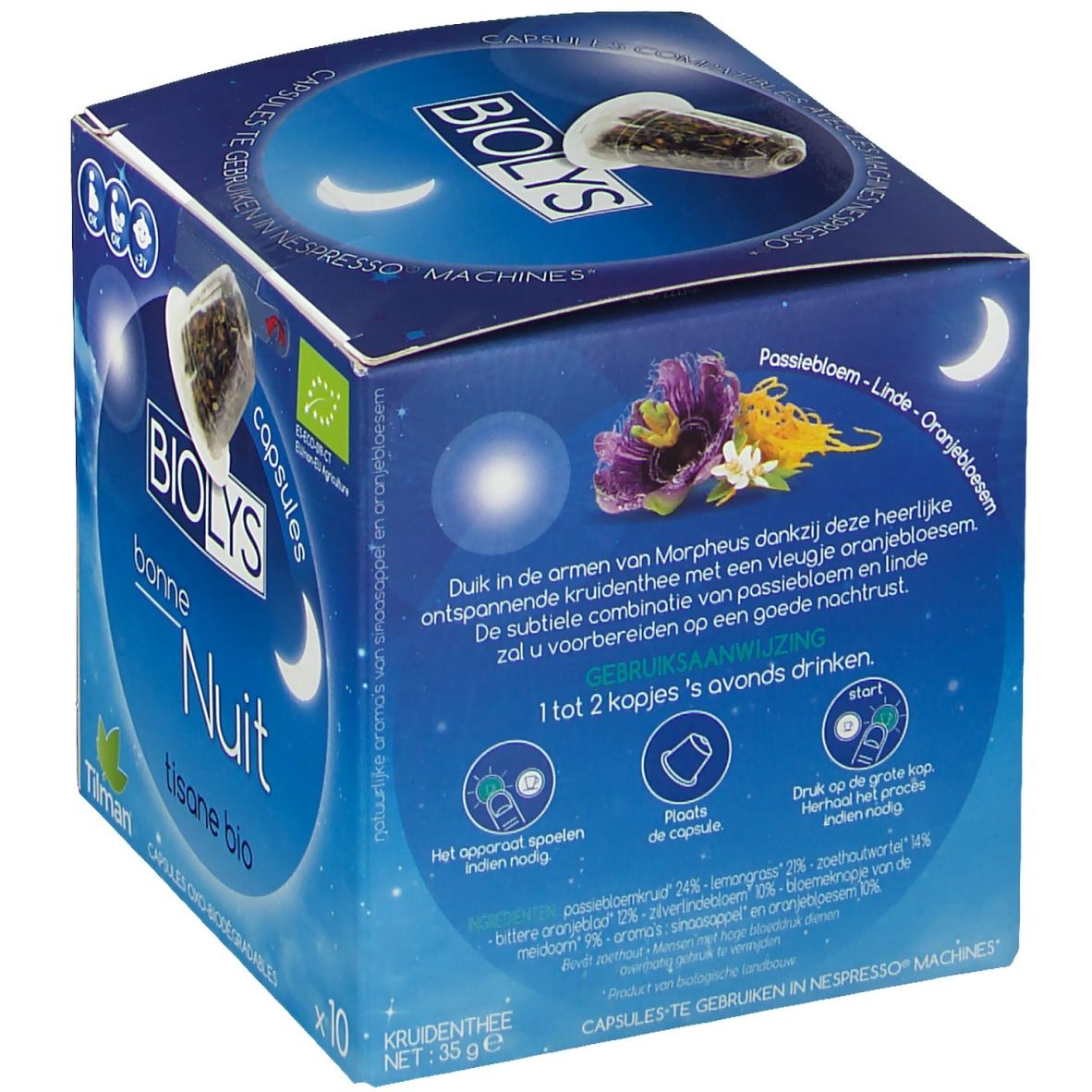 Scatola blu di capsule di tisana bio Biolys Bonne Nuit. Contiene 10 capsule. Marchio bio. Design luna e stelle. Elenco ingredienti.