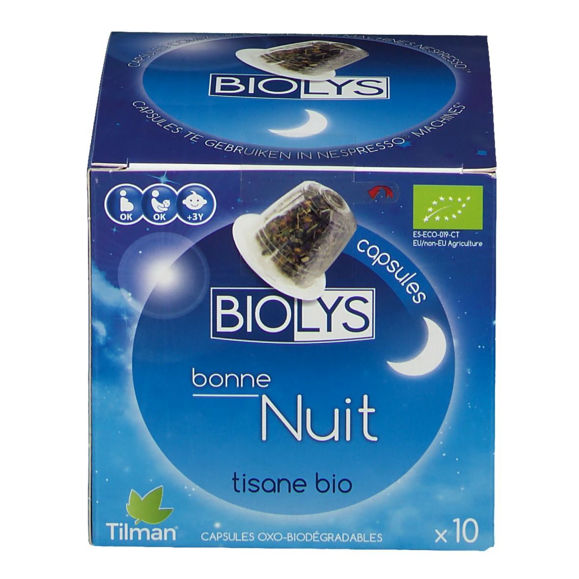 Scatola blu di capsule di tisana bio Biolys Bonne Nuit. Contiene 10 capsule. Marchio bio. Design luna e stelle.