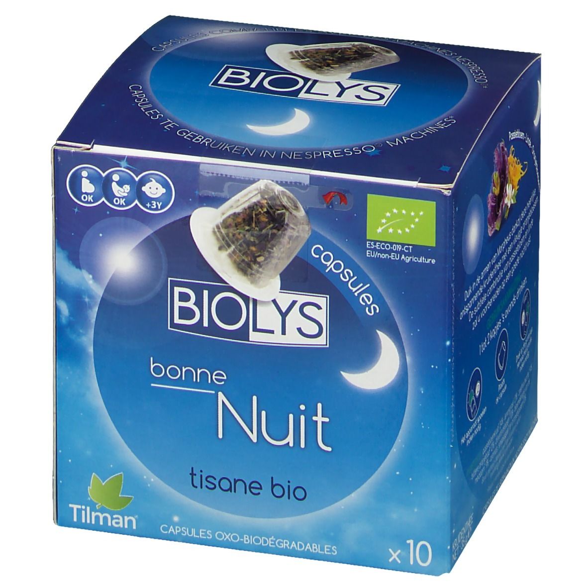 Scatola blu di capsule di tisana bio Biolys Bonne Nuit. Contiene 10 capsule. Marchio bio. Design luna e stelle.