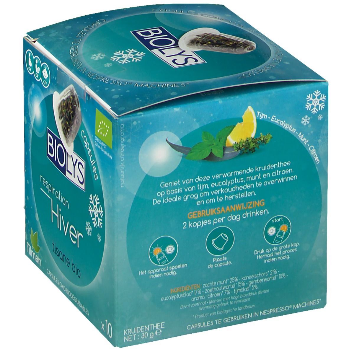 Scatola Biolys Invierno Bio. Scritta: Hiver, tisane bio, x10. Logo bio UE e immagine capsula. Elenco ingredienti e istruzioni per l'uso.