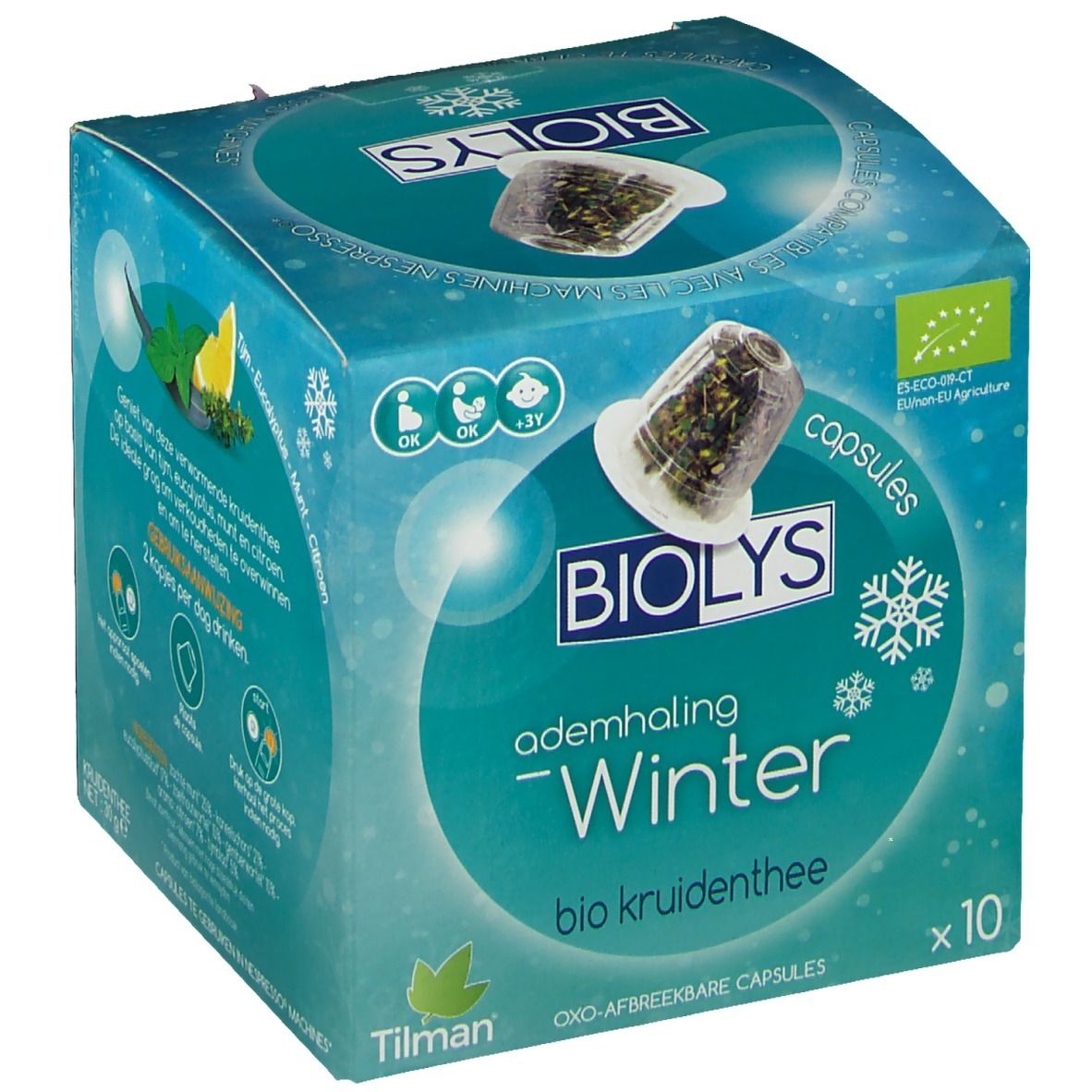 Scatola Biolys Winter Bio tisana. Scritta: Winter, bio kruidenthee, x10. Logo bio UE e immagine capsula. Capsule oxo-degradabili.