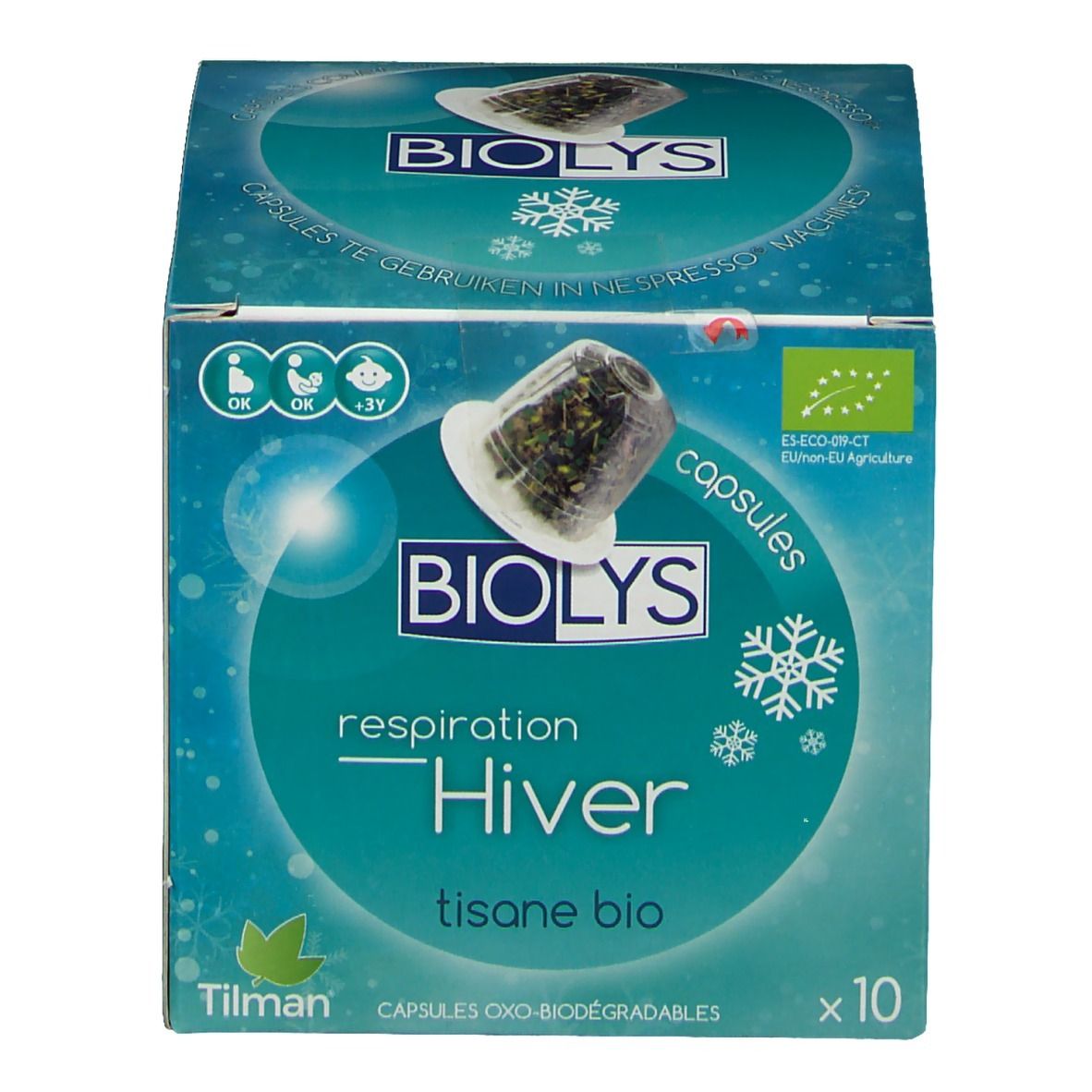 Confezione Biolys Invierno Bio. Scritta: Hiver, tisane bio, x10. Logo bio UE e immagine capsula. Capsule oxo-biodegradabili.