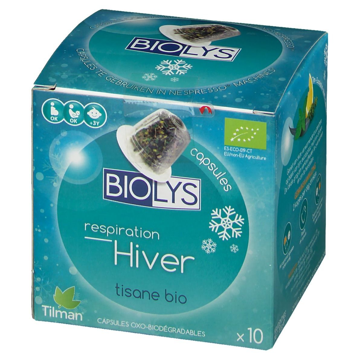 Confezione Biolys Invierno Bio. Scritta: Hiver, tisane bio, x10. Logo bio UE e immagine capsula. Capsule oxo-biodegradabili.