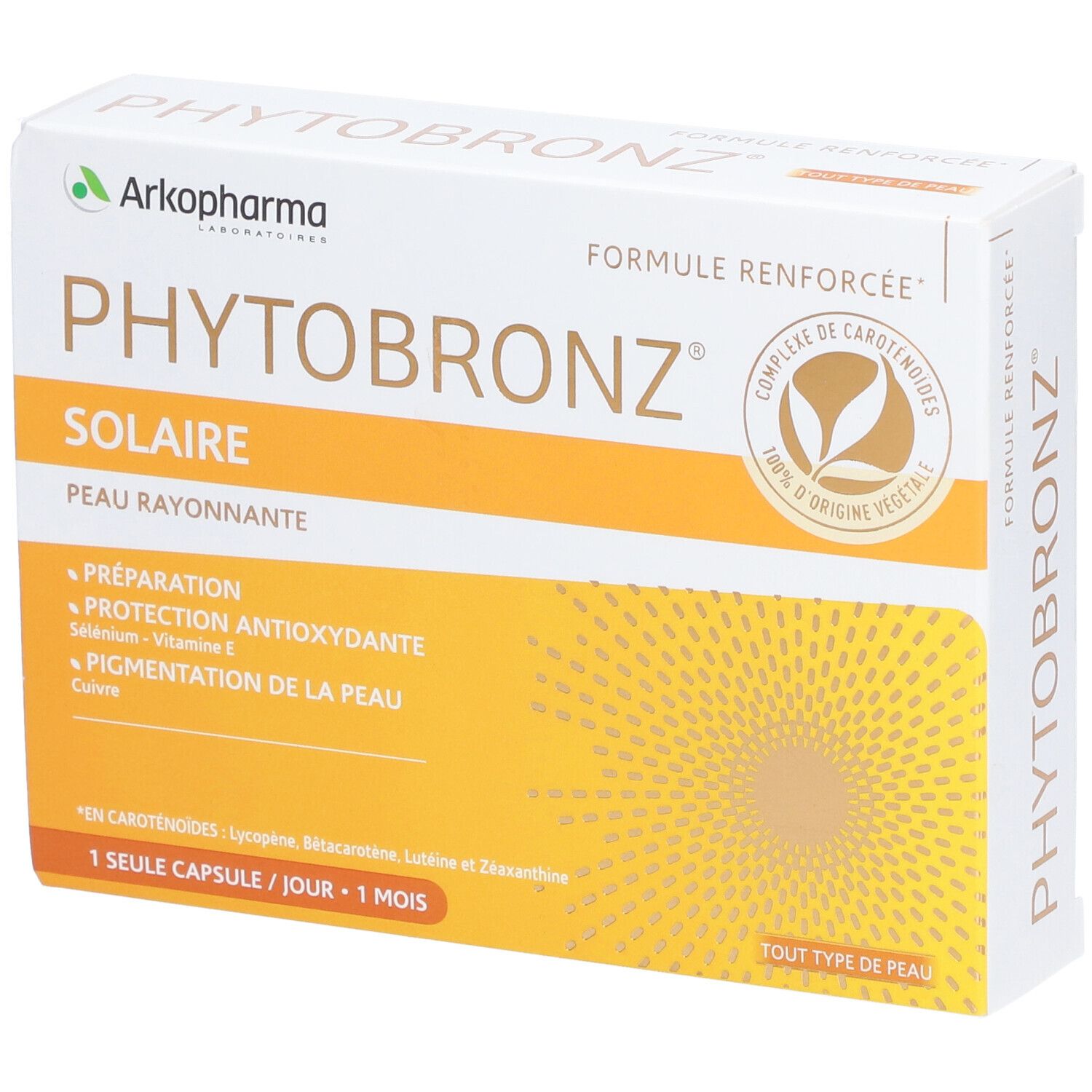 Scatola Arkopharma Phytobronz. Sfondo giallo con motivo solare. Logo e testo: 'Préparation, Protection antioxydante'.