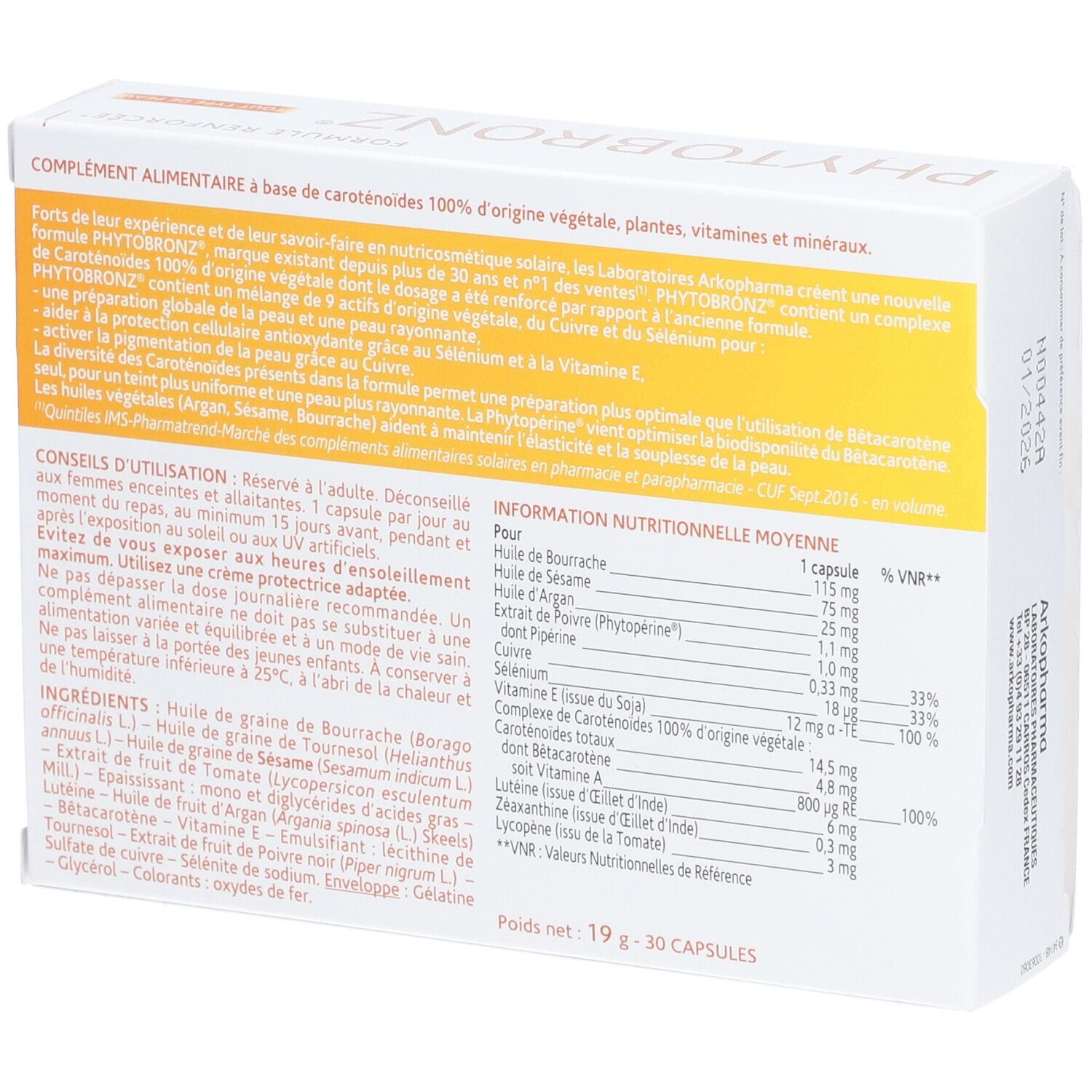 Retro della scatola Arkopharma Phytobronz. Testo sugli ingredienti e informazioni nutrizionali. 30 capsule.
