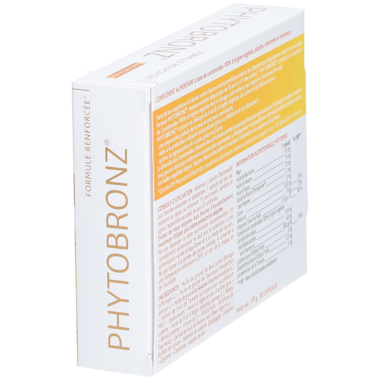 Scatola Arkopharma Phytobronz, vista laterale. Testo e logo. Informazioni nutrizionali e ingredienti.