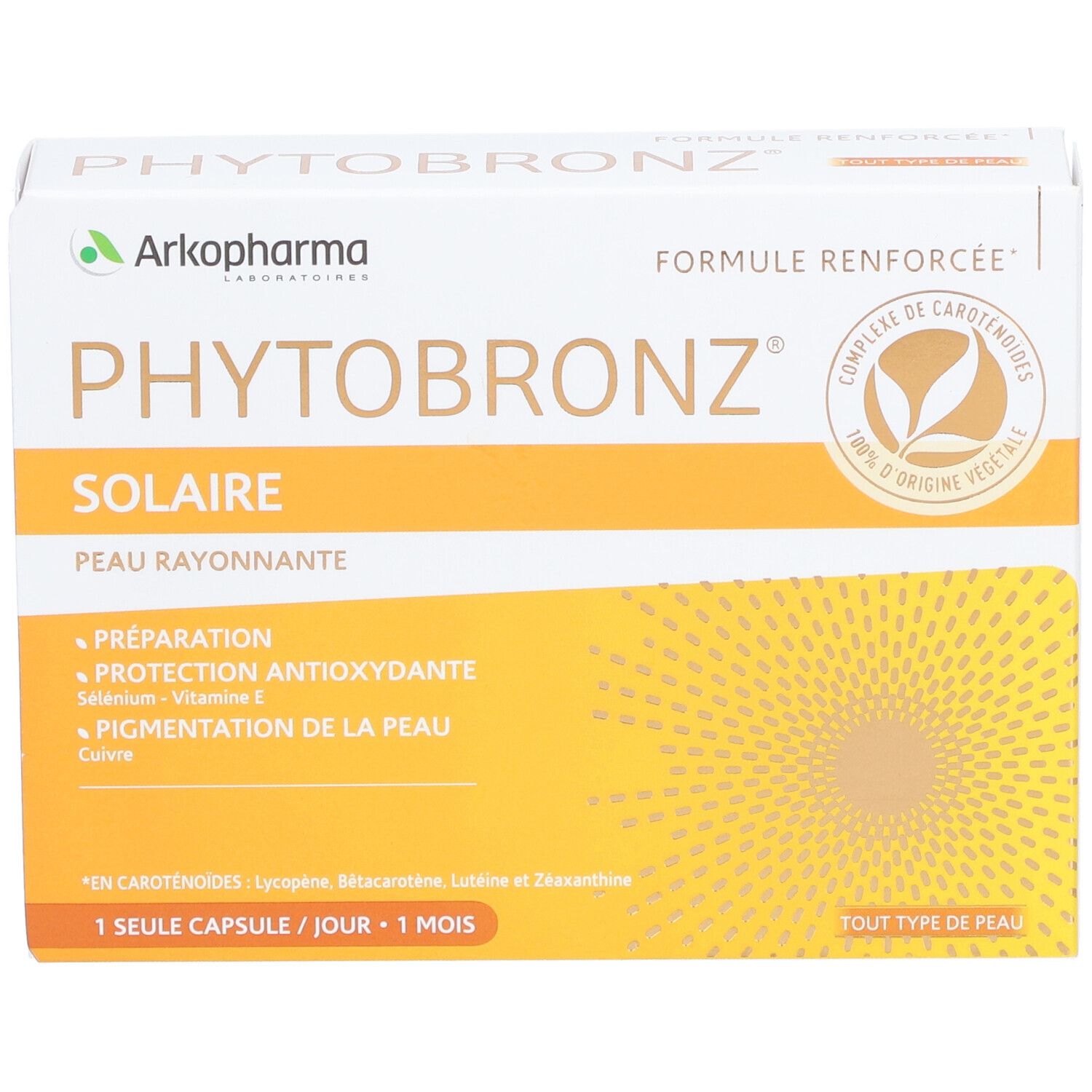 Scatola Arkopharma Phytobronz. Sfondo giallo con motivo solare. Logo e nome prodotto. Testo: 'Préparation, Protection'.