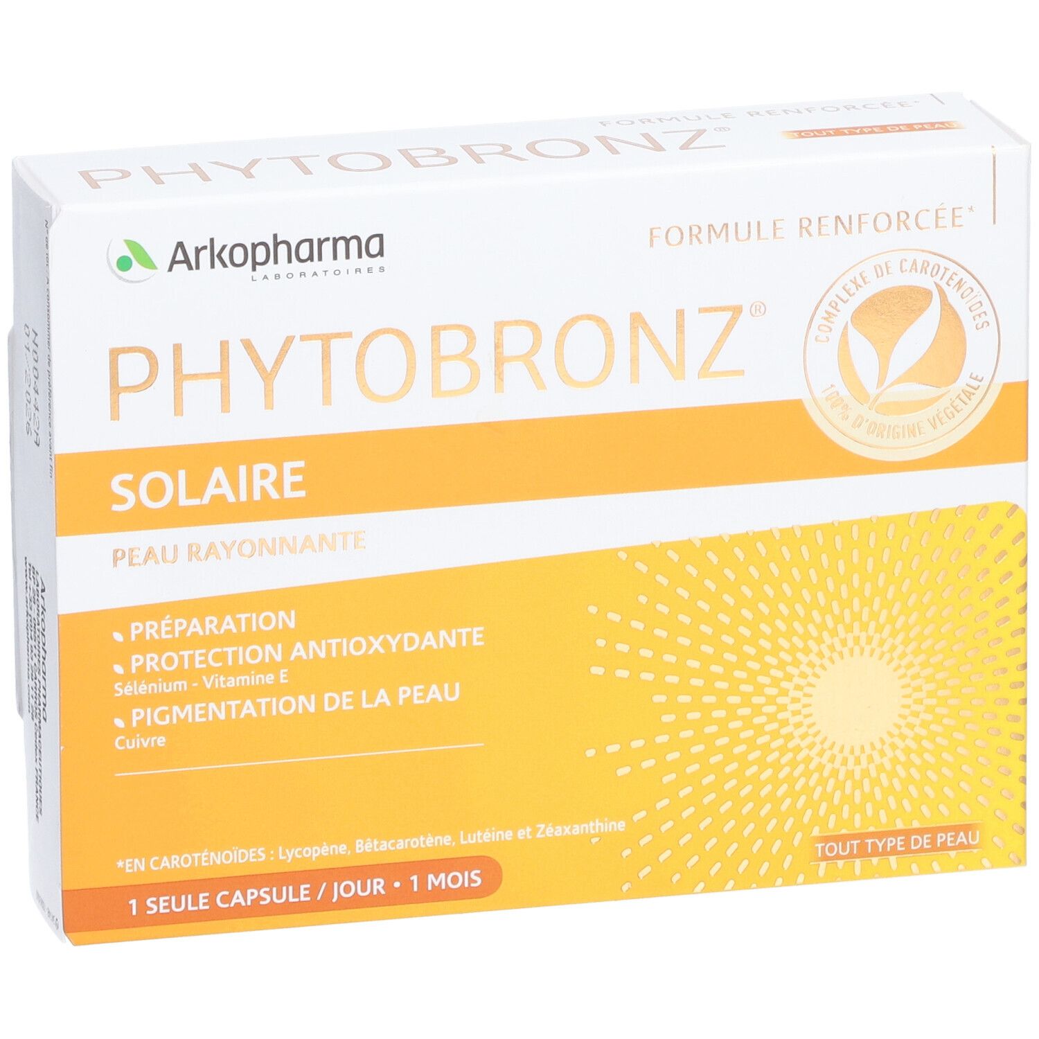 Scatola Arkopharma Phytobronz. Sfondo giallo con motivo solare. Logo e nome prodotto. Testo: 'Préparation, Protection'.