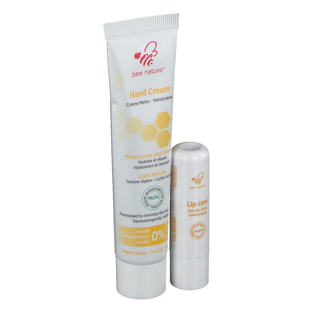 Tubo di crema mani e stick labbra. Bianchi con dettagli gialli. Scritta: bee nature®, Hand Cream, Lip care.