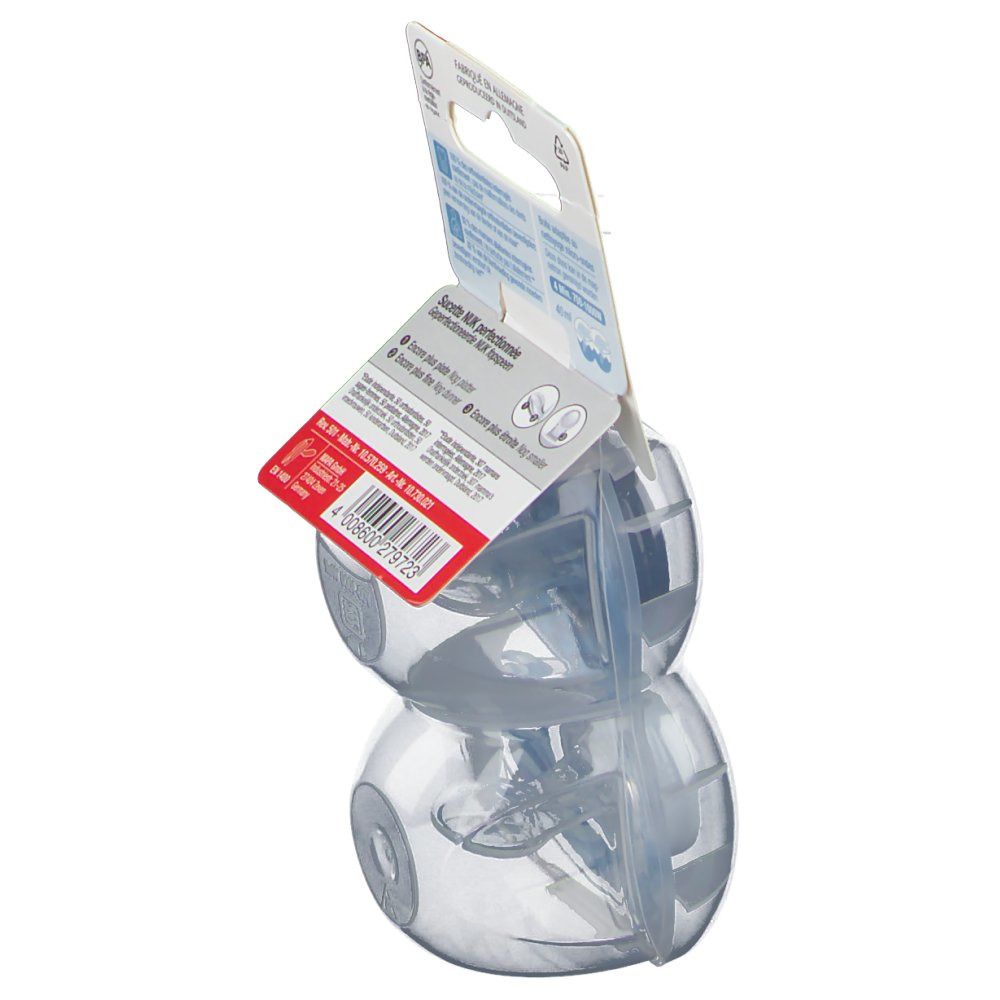 Vista laterale della confezione con due ciucci blu NUK Trendline. Retro con testo e loghi.