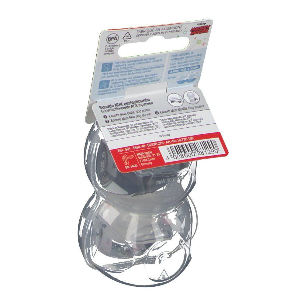 Retro della confezione con due ciucci. Informazioni multilingue. Logo NUK e licenza Mickey Mouse.