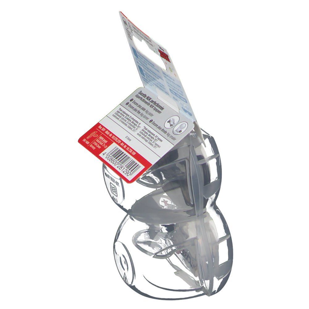 Vista laterale della confezione con due ciucci. Informazioni multilingue. Logo NUK e licenza Mickey Mouse.