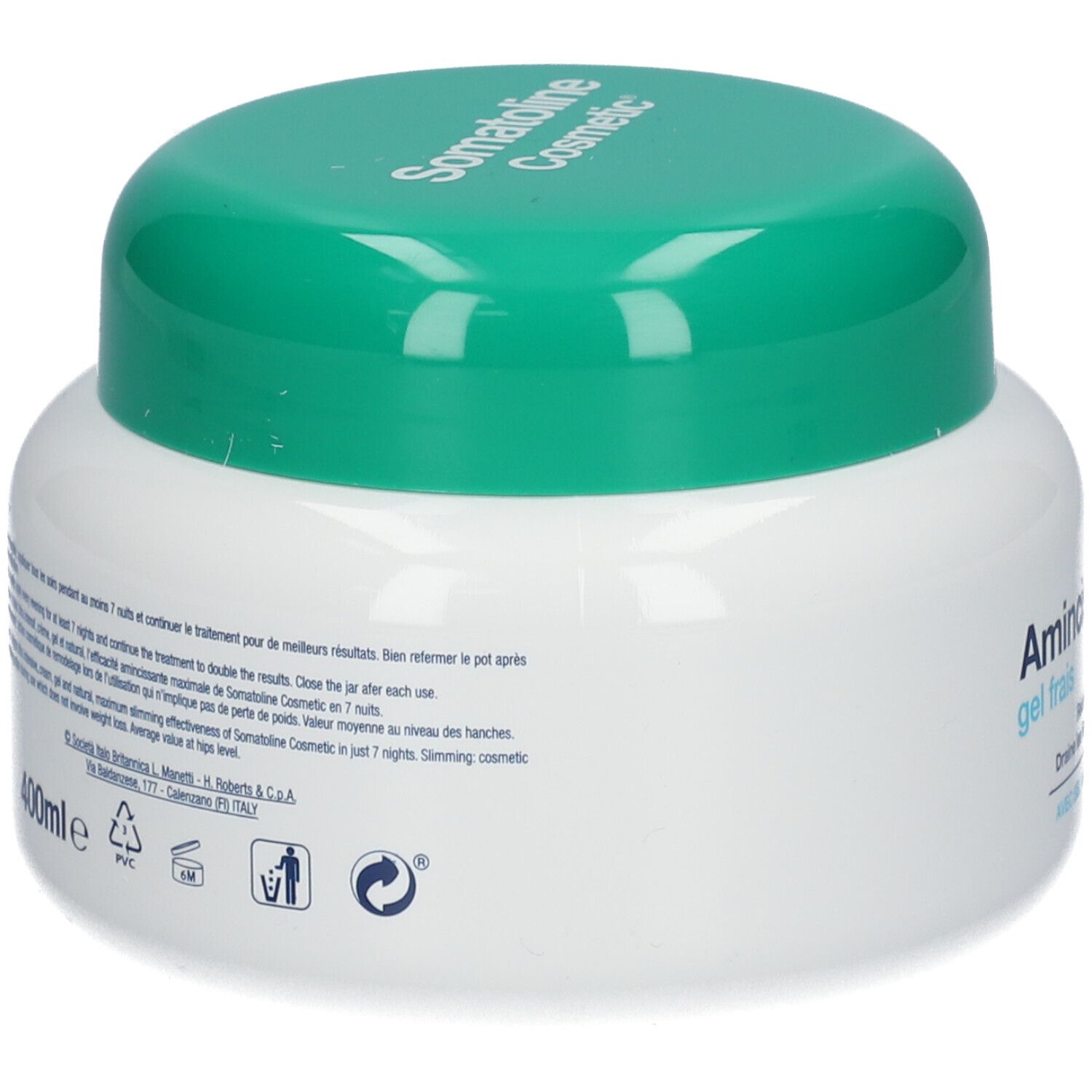 Vaso bianco con coperchio verde. Retro con testo. Marchio: Somatoline Cosmetic.