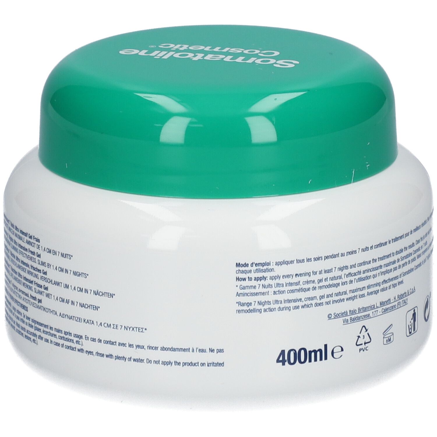 Vaso bianco con coperchio verde. Retro con testo e 400ml. Marchio: Somatoline Cosmetic.