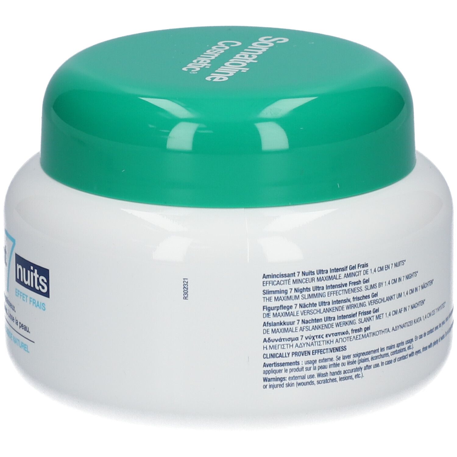 Vaso bianco con coperchio verde. Retro con testo. Marchio: Somatoline Cosmetic.