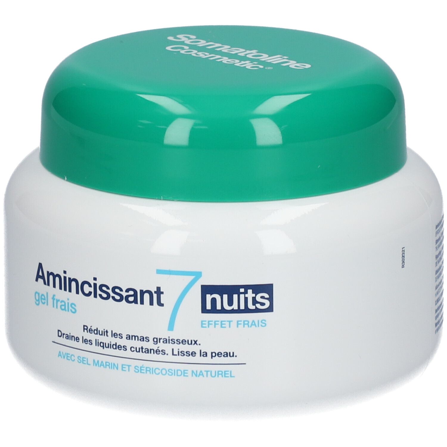 Vaso bianco con coperchio verde. Scritta: Amincissant 7 nuits gel frais. Marchio: Somatoline Cosmetic.