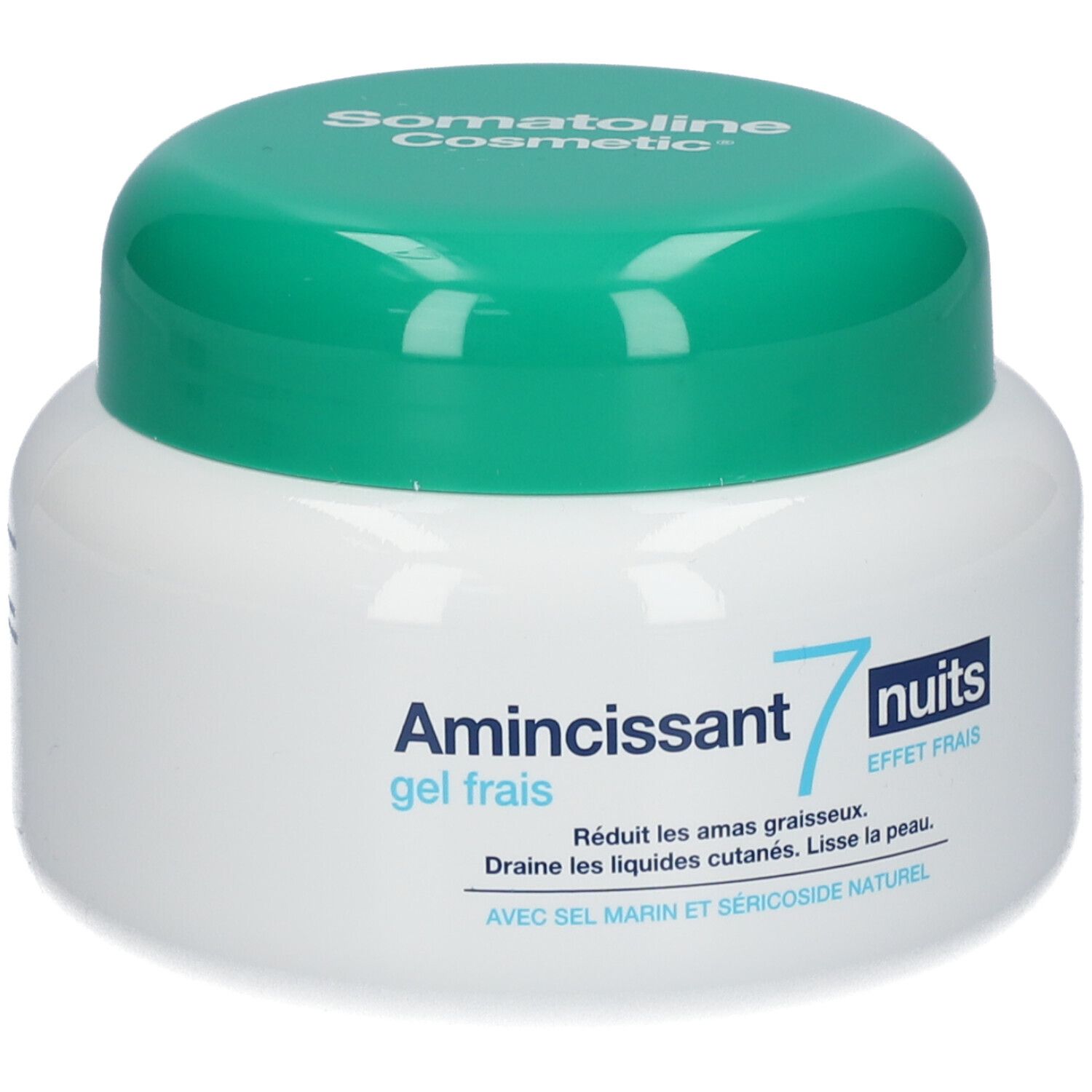 Vaso bianco con coperchio verde. Scritta: Amincissant 7 nuits gel frais. Marchio: Somatoline Cosmetic.