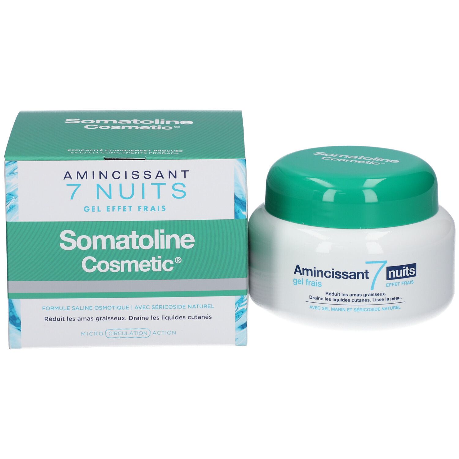 Prodotto e confezione. Vaso bianco con coperchio verde. Confezione verde. Marchio: Somatoline Cosmetic.