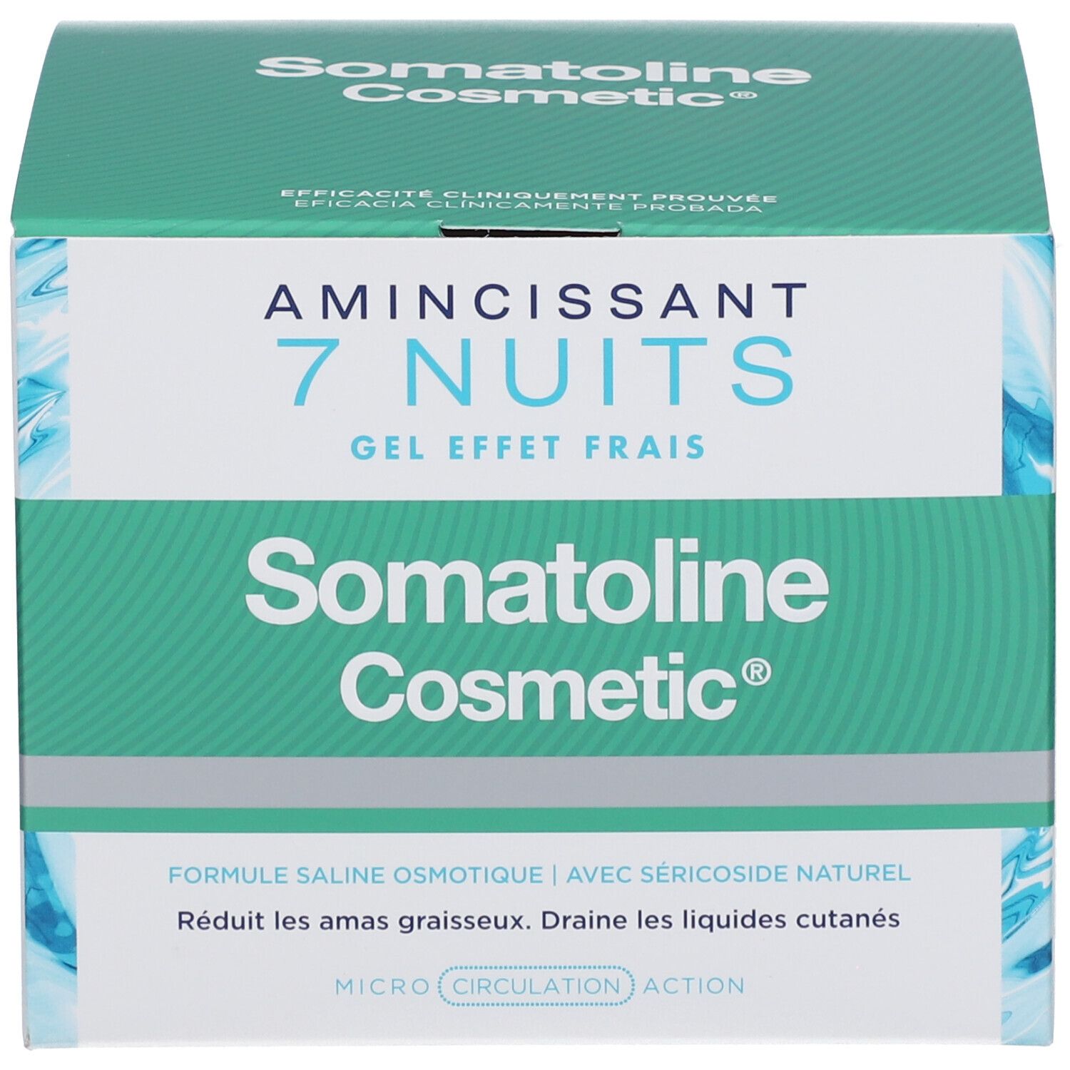 Confezione verde. Scritta: Amincissant 7 nuits gel effet frais. Marchio: Somatoline Cosmetic.