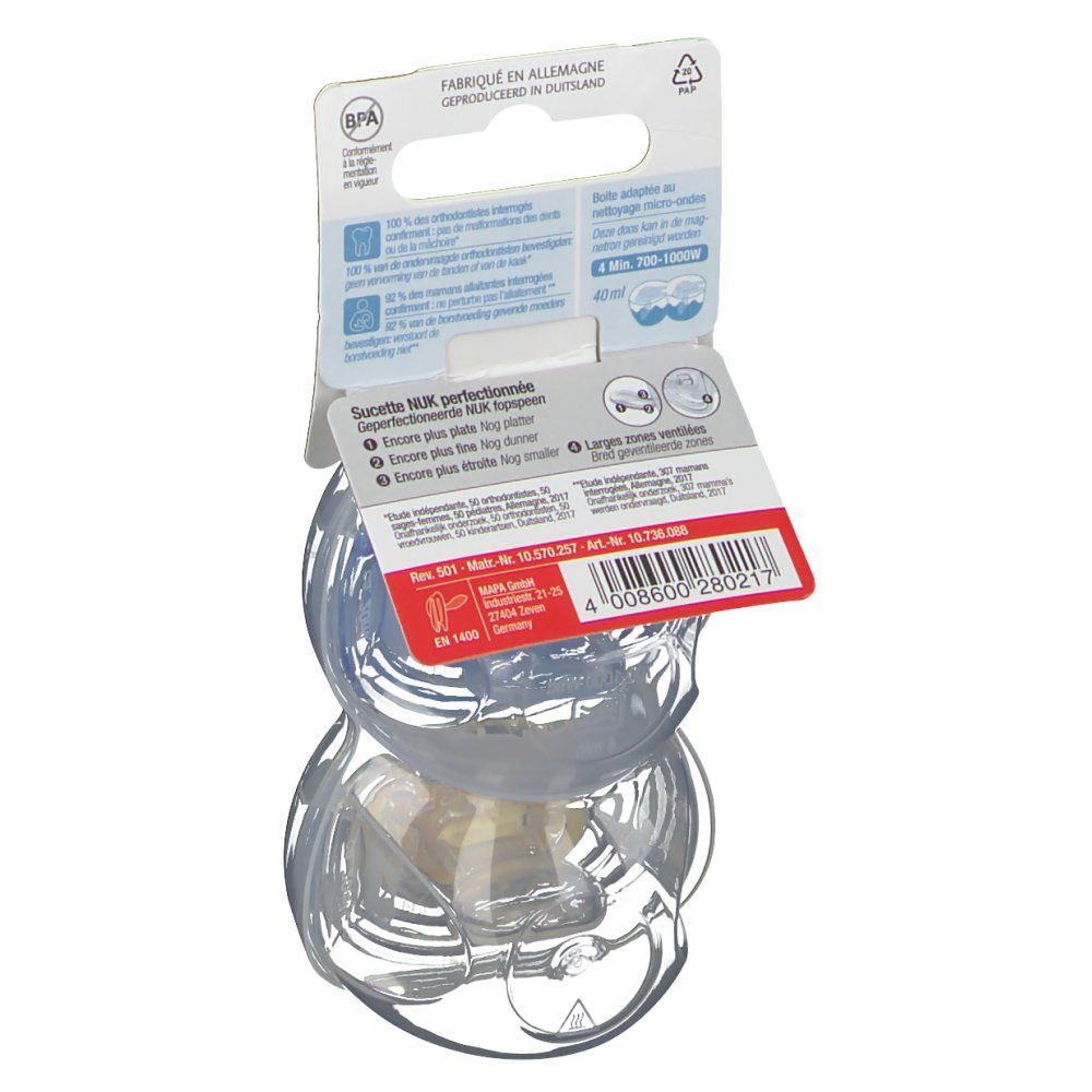 Retro della confezione di due ciucci NUK Freestyle. Informazioni e certificazioni visibili.