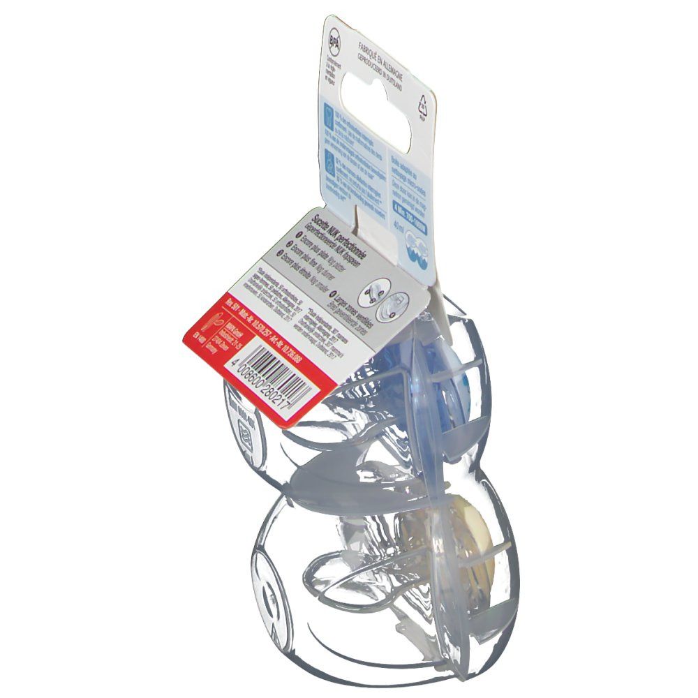 Vista posteriore della confezione con due ciucci NUK Freestyle. Informazioni e certificazioni visibili.