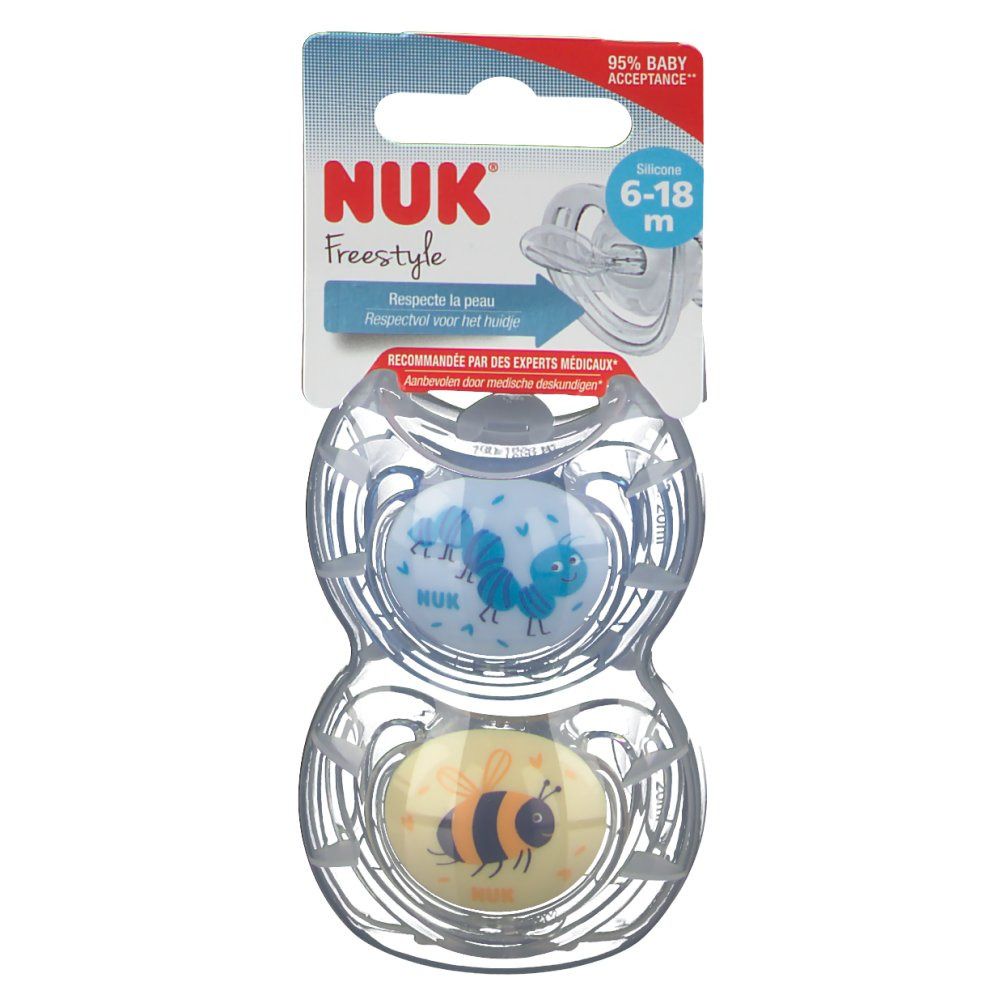 Due ciucci NUK Freestyle, taglia 2 (6-18 mesi), in confezione. Ciuccio blu e giallo con disegni di animali.