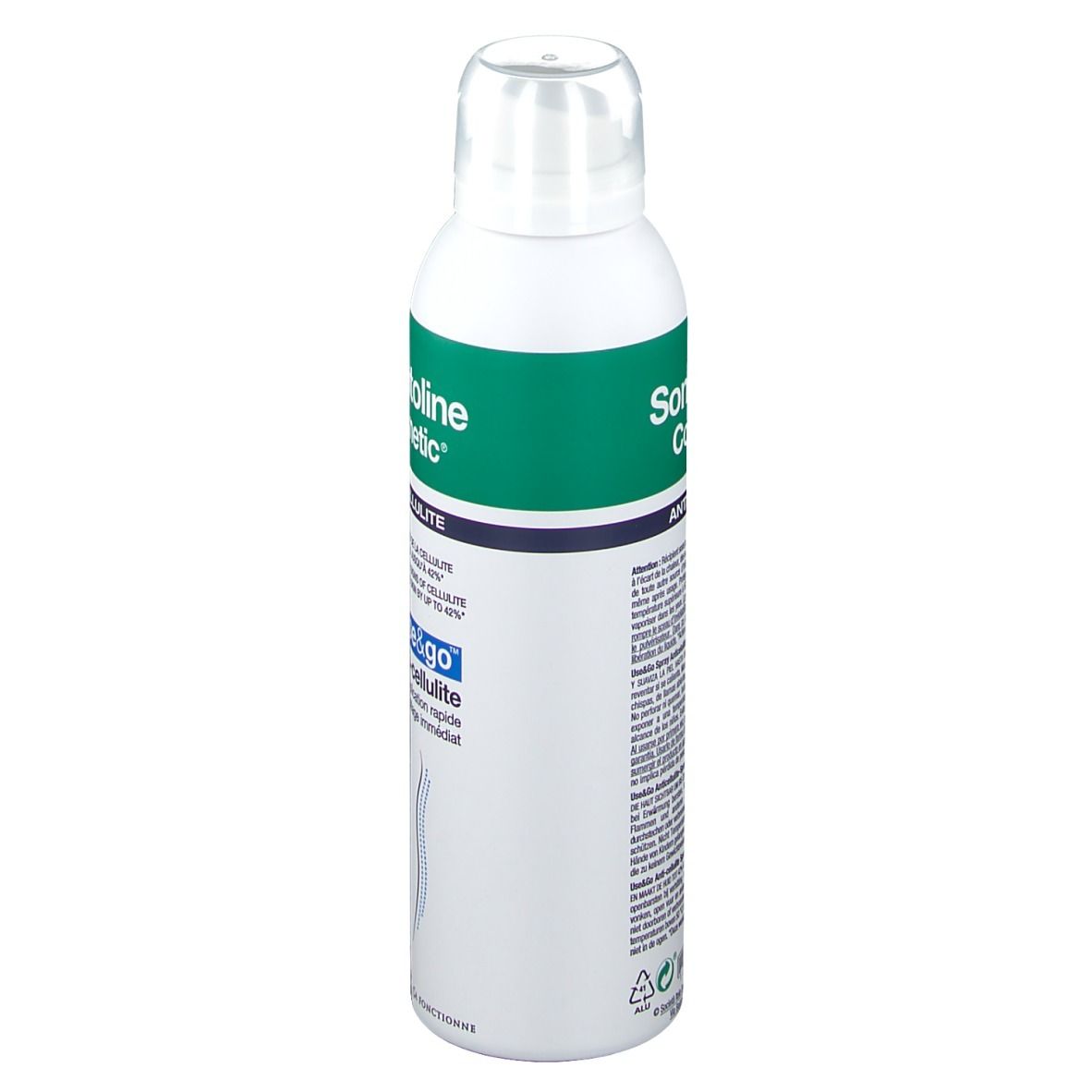 Spray bianco con etichetta verde. Scritta: Somatoline Cosmetic, Anti-Cellulite. Vista laterale.