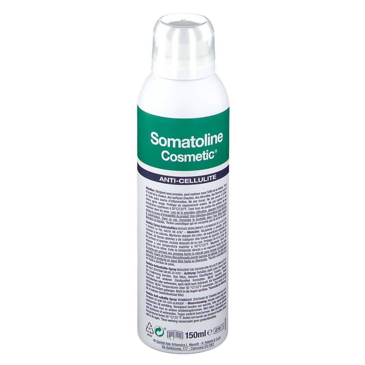 Spray bianco con etichetta verde. Scritta: Somatoline Cosmetic, Anti-Cellulite. Testo sul retro.