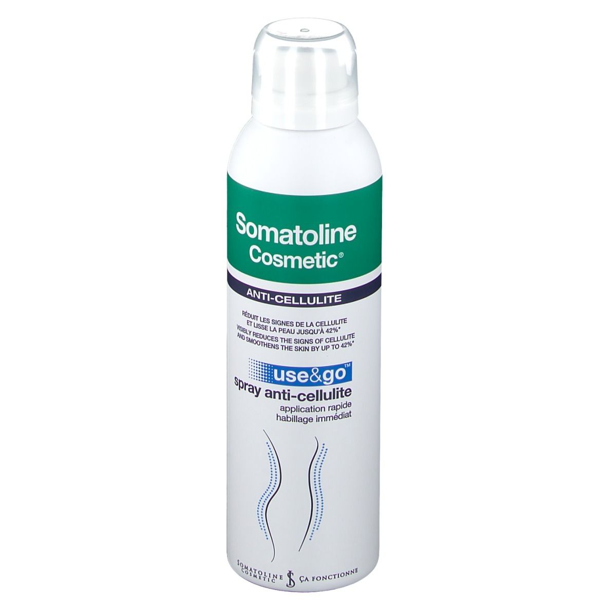 Spray bianco con etichetta verde. Scritta: Somatoline Cosmetic, Anti-Cellulite. Con erogatore spray.
