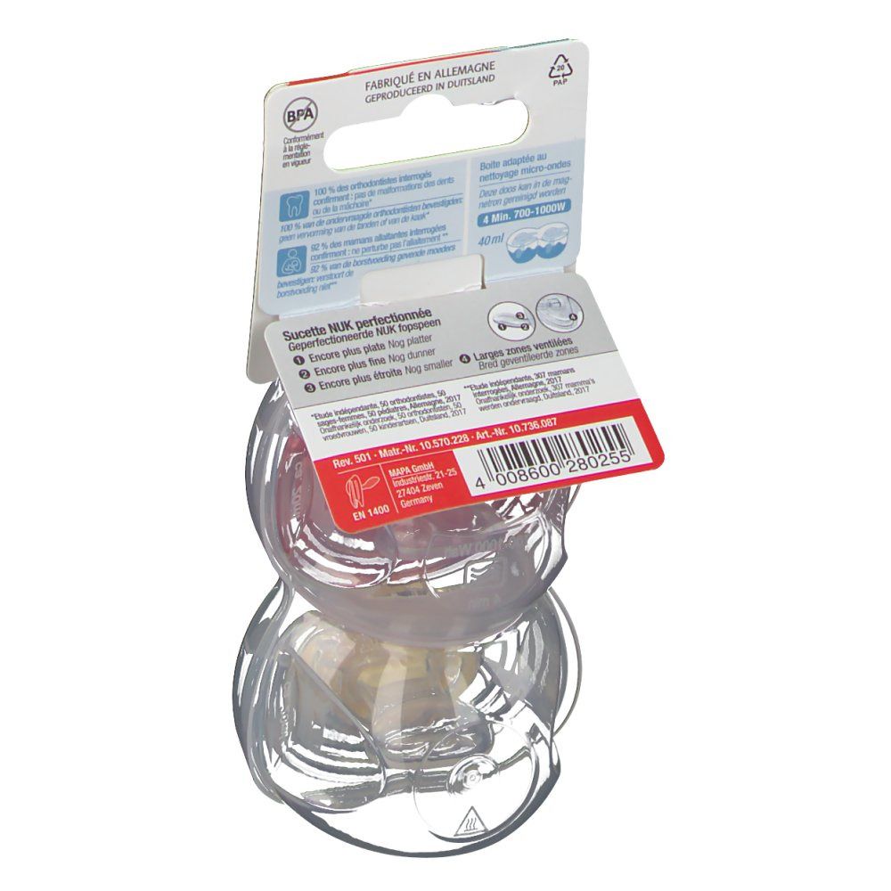 Retro della confezione con informazioni. Succhietti NUK Freestyle. Fabbricato in Germania. Senza BPA.