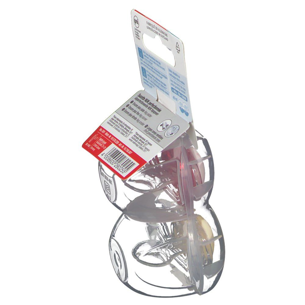 Retro della confezione con informazioni. Succhietti NUK Freestyle. Vista dall'alto.