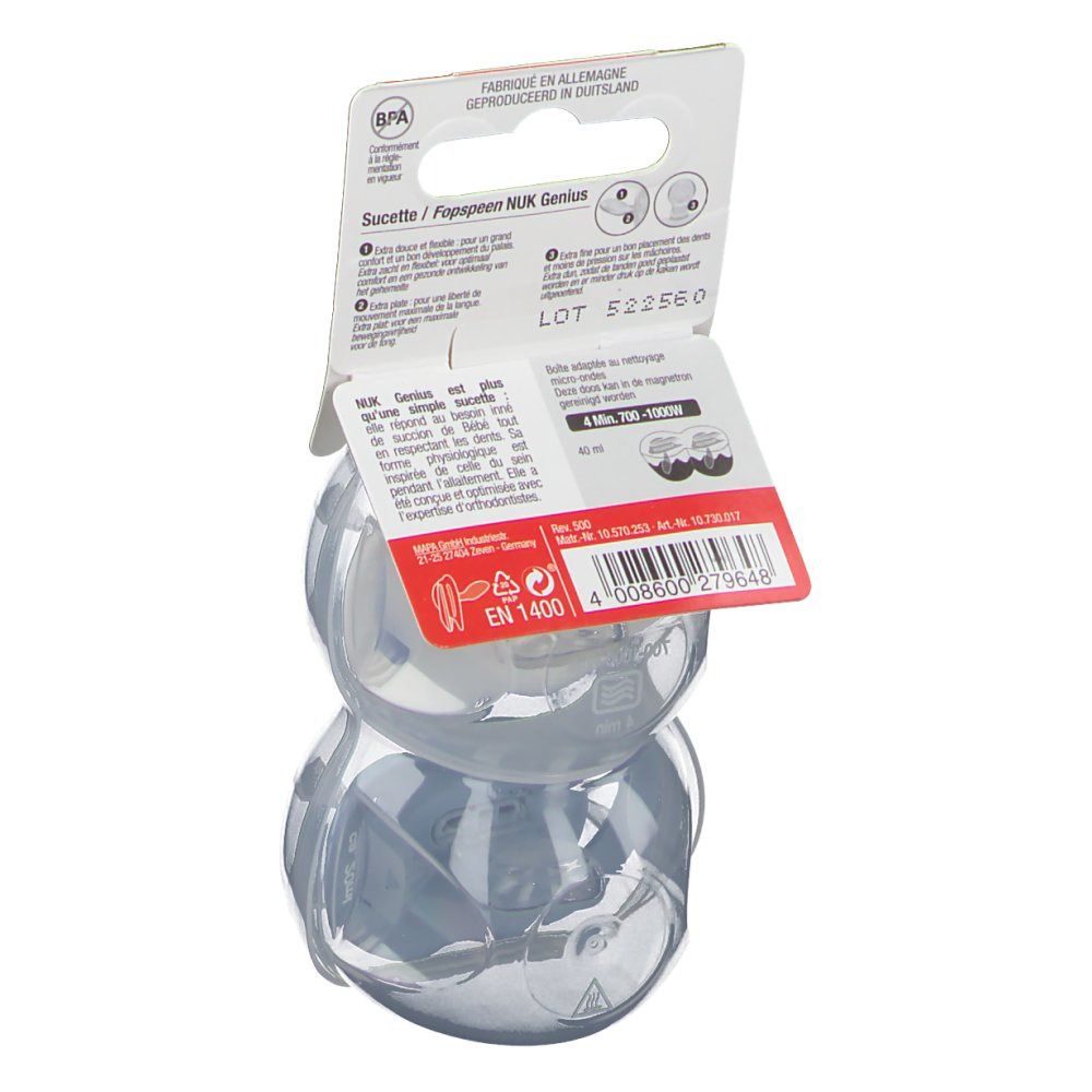 Retro della confezione con due ciucci blu. Testo: NUK Genius, 0-6 m, senza BPA, prodotto in Germania.
