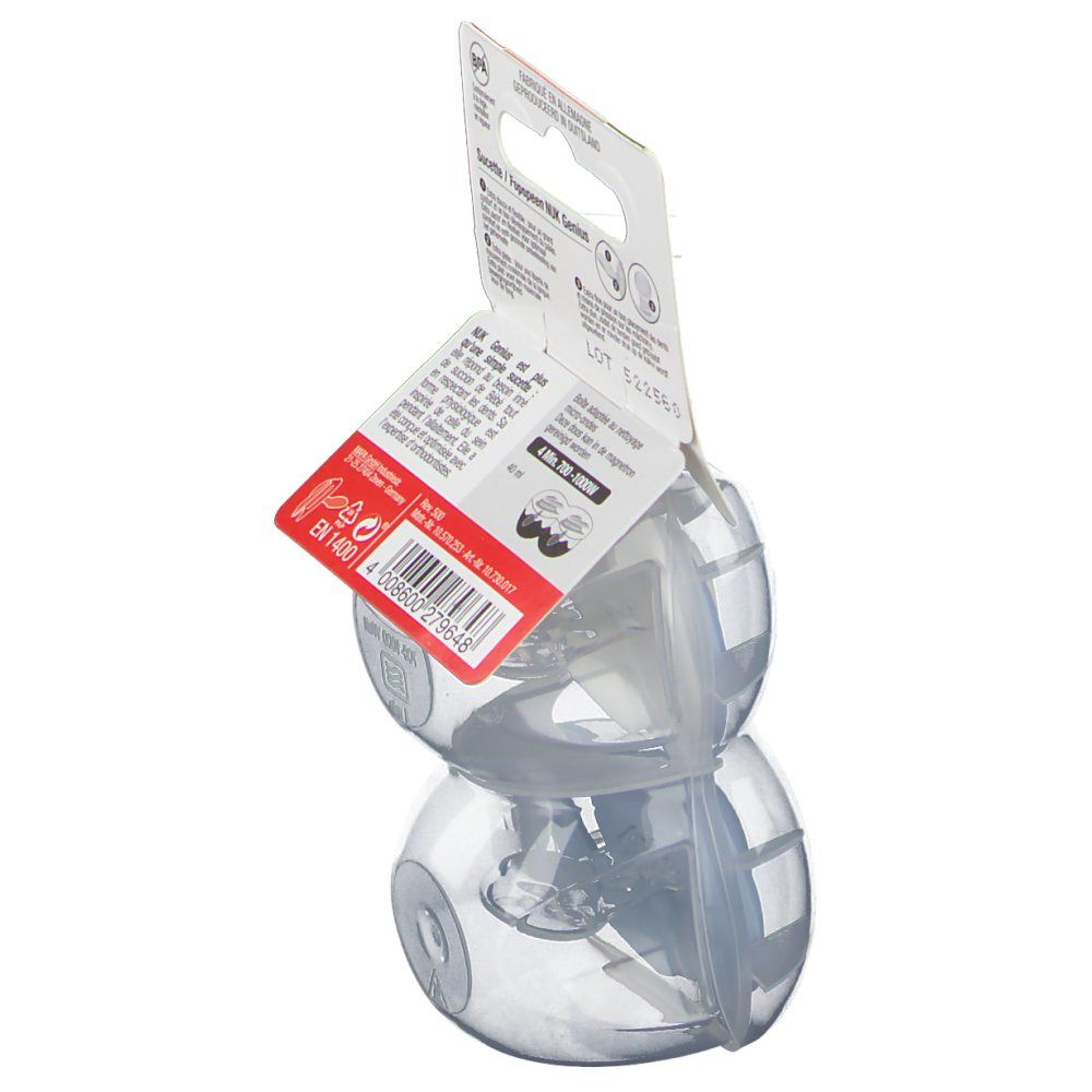 Retro della confezione con due ciucci blu. Testo: NUK Genius, 0-6 m, senza BPA, prodotto in Germania.