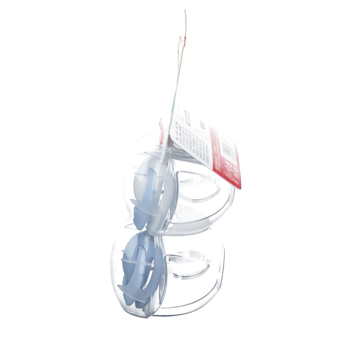 Vista laterale della confezione con due ciucci blu. Confezione in plastica trasparente. Etichetta NUK.