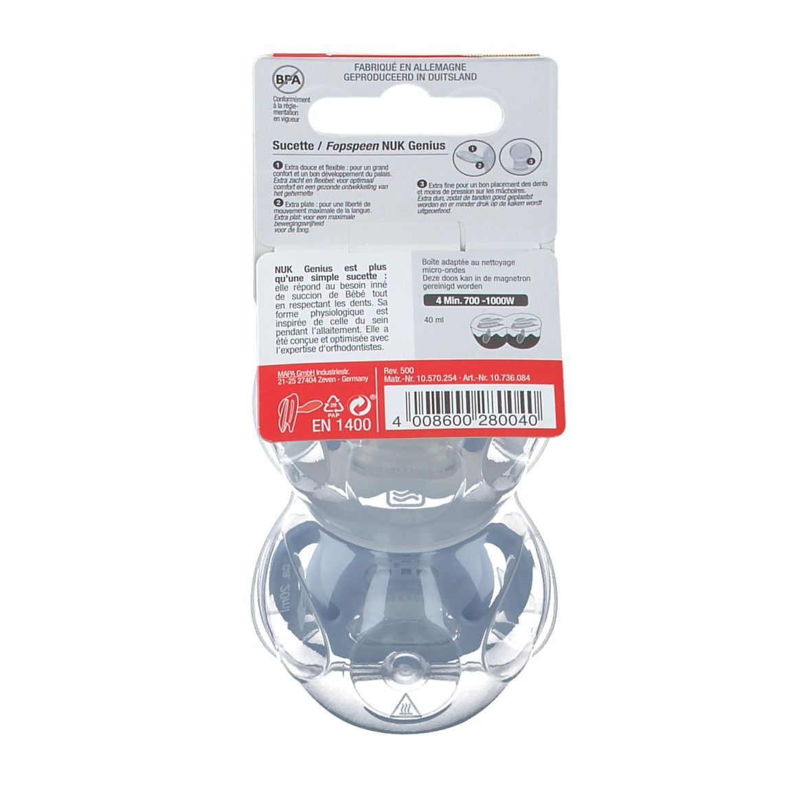 Retro della confezione con informazioni. Due ciucci blu in confezione trasparente. NUK Genius.