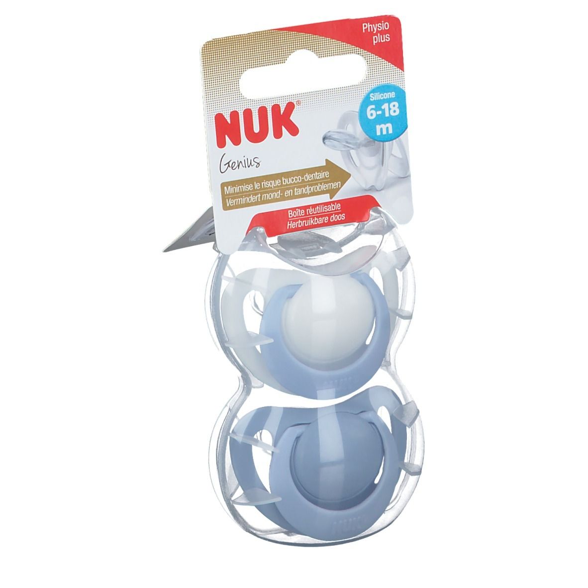 Due ciucci blu in confezione trasparente. NUK Genius, 6-18 mesi. Physio plus. Scatola riutilizzabile.