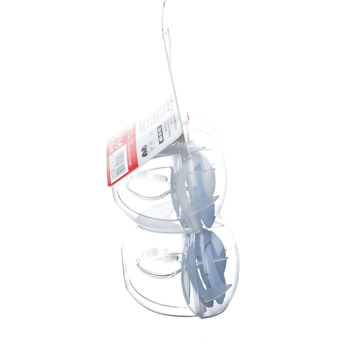 Vista laterale della confezione con due ciucci blu. Confezione in plastica trasparente. Etichetta NUK.