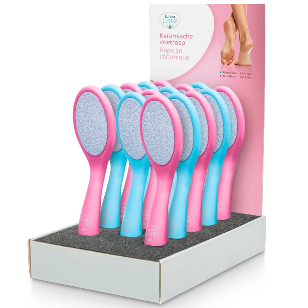 Espositore di raspe per piedi. Manici blu e rosa, superficie abrasiva grigia. Logo Eureka Care. Râpe en céramique.