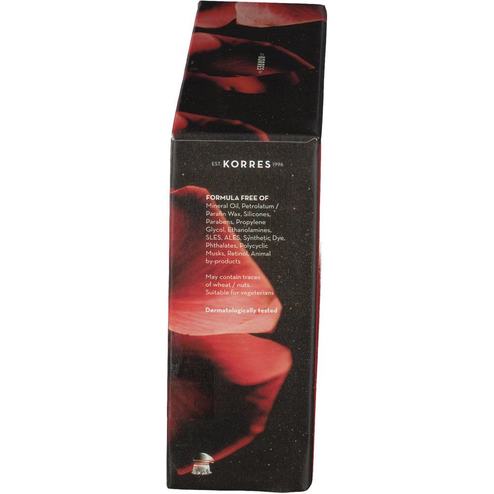Vista laterale della confezione regalo. Testo: Korres, Formula senza... Adatto ai vegetariani. Dermatologicamente testato.