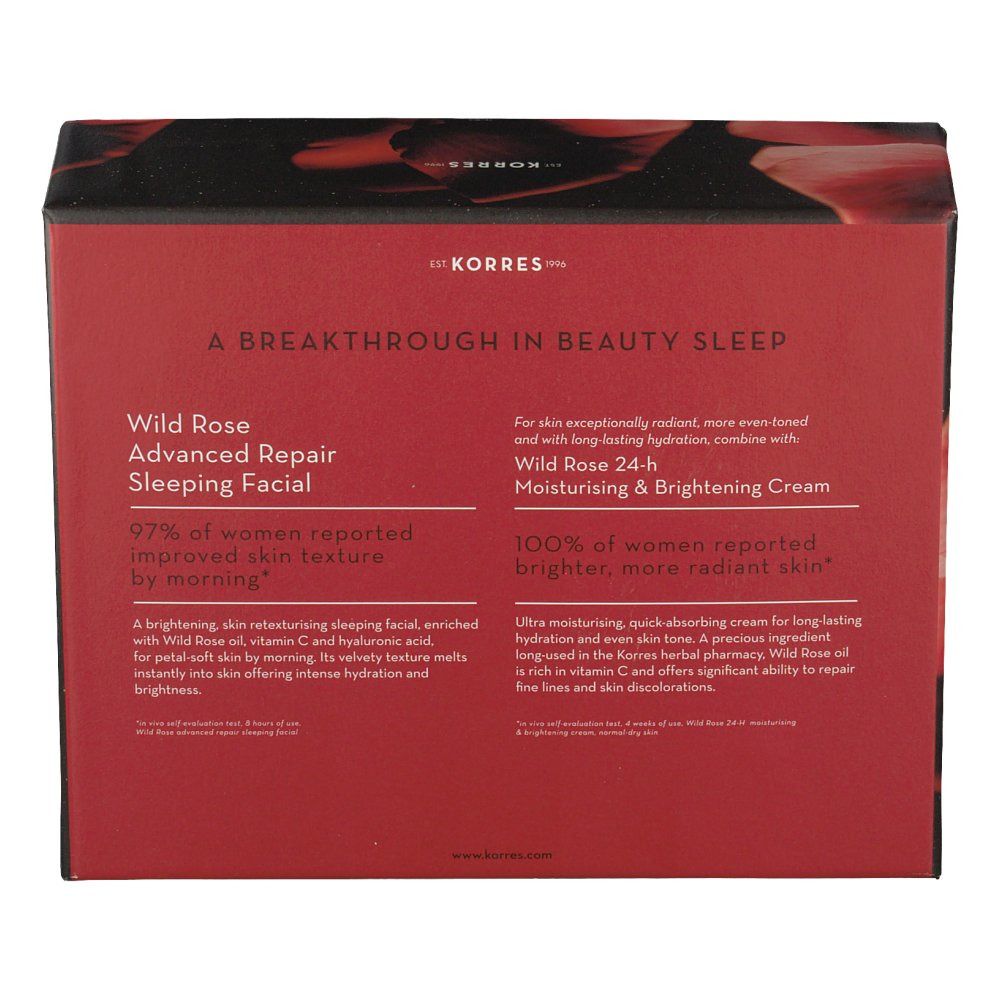 Retro della confezione regalo. Testo: Wild Rose Advanced Repair Sleeping Facial, 97% miglioramento della texture della pelle. Wild Rose 24h Moisturising & Brightening Cream.