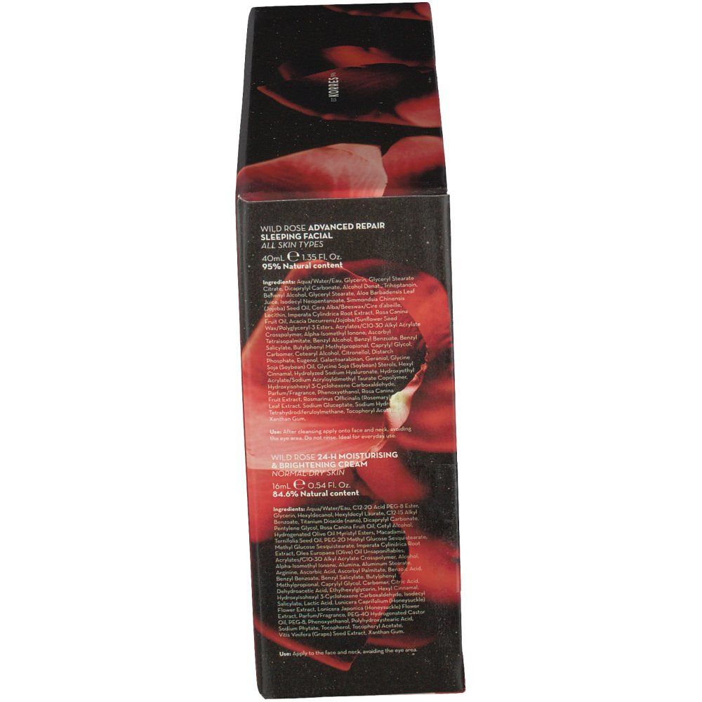 Vista laterale della confezione regalo. Testo: Wild Rose Advanced Repair Sleeping Facial, ingredienti. Wild Rose 24h Moisturising & Brightening Cream, ingredienti.