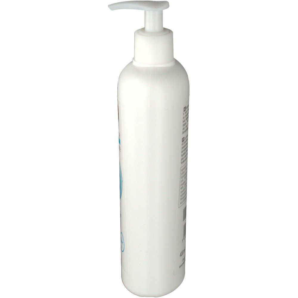 Dispenser bianco con erogatore a pompa. Vista laterale. Scritte sul retro.