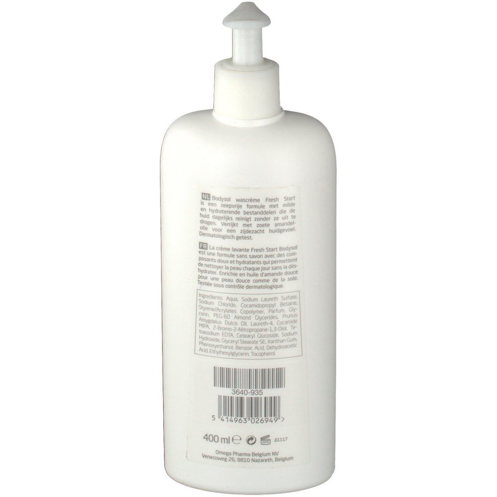 Retro del dispenser bianco. Testo multilingue. Ingredienti, informazioni produttore, 400 ml.