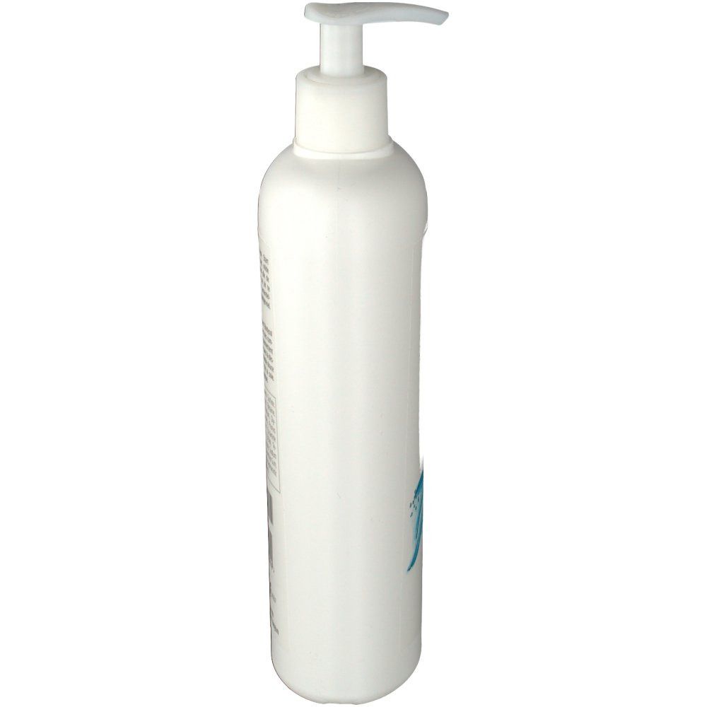 Dispenser bianco con erogatore a pompa. Vista laterale. Illustrazione acqua blu.