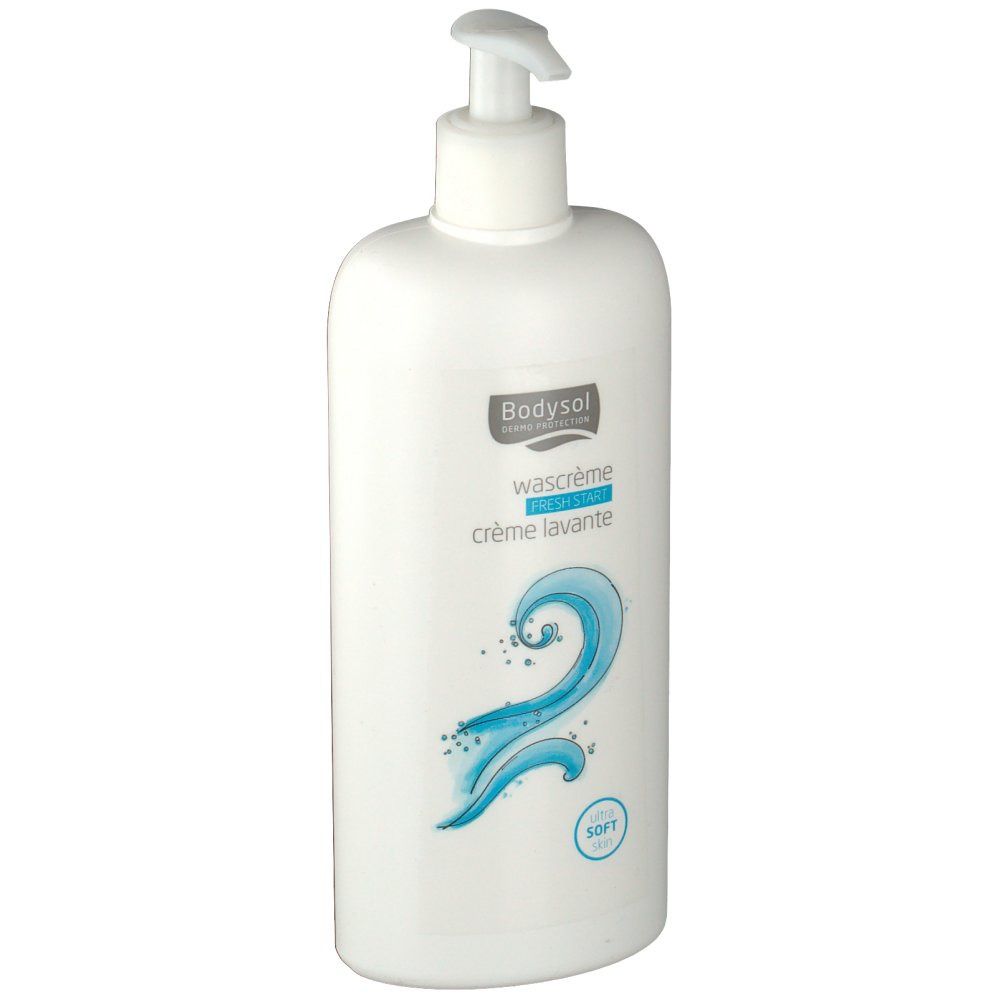 Dispenser bianco con erogatore a pompa. Scritta Bodysol, Waschcrème, Fresh Start, Crème lavante. Illustrazione acqua blu.